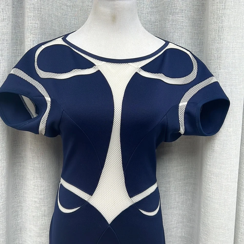 Junya Wantanabe Comme des Garcons neoprene mesh panel dress, blue and white - Picture 2 of 10